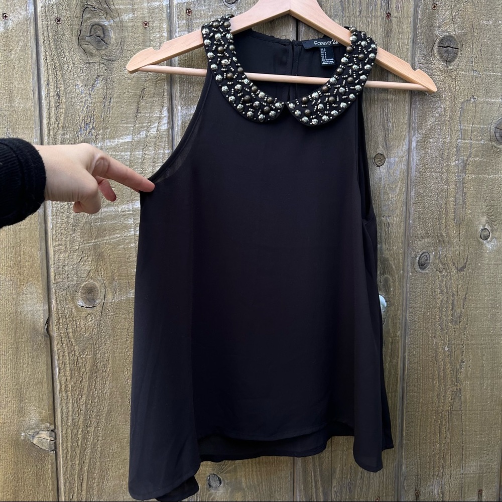 Vintage Black Halter Rhinestone Peter Pan Collar Sleeveless Blouse 🌿